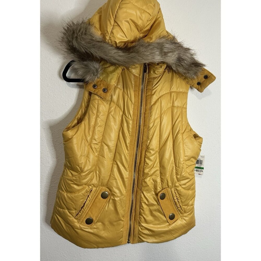 Style & Co Women’s Quilted Puffer Vest Gold Honey Glaze Faux Fur Hood Size Large